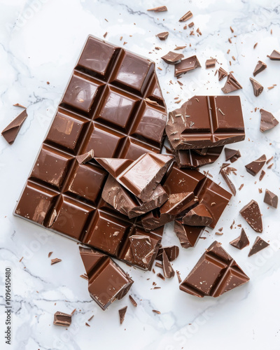 Breaking a dark chocolate bar into squares on a smooth marble surface a culinary delight in minimalist elegance