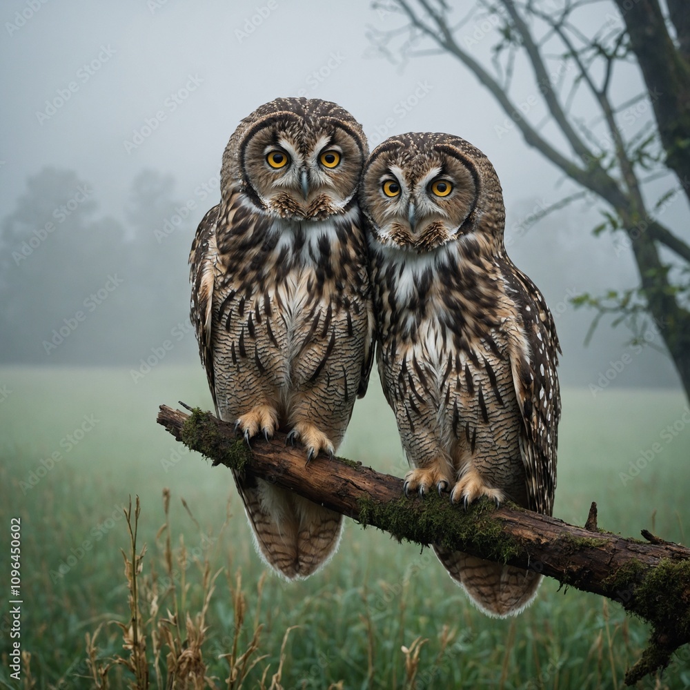 A pair of owls perched on a tree branch, surveying a field covered in early morning mist.
A pair of owls perched on a tree branch, surveying a field covered in early morning mist.