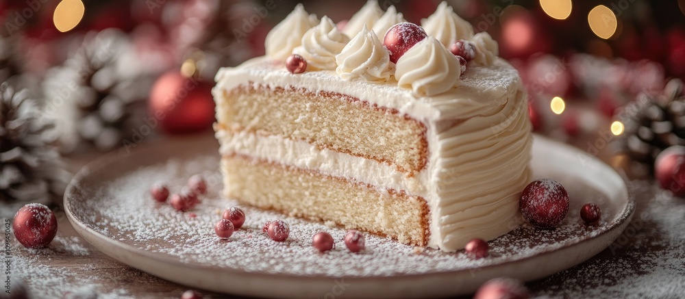 Festive holiday cake with white chocolate icing and decorations showcasing a cozy winter atmosphere and seasonal embellishments Festive holiday cake with white chocolate icing and decorations showcasing a cozy winter atmosphere and seasonal embellishments