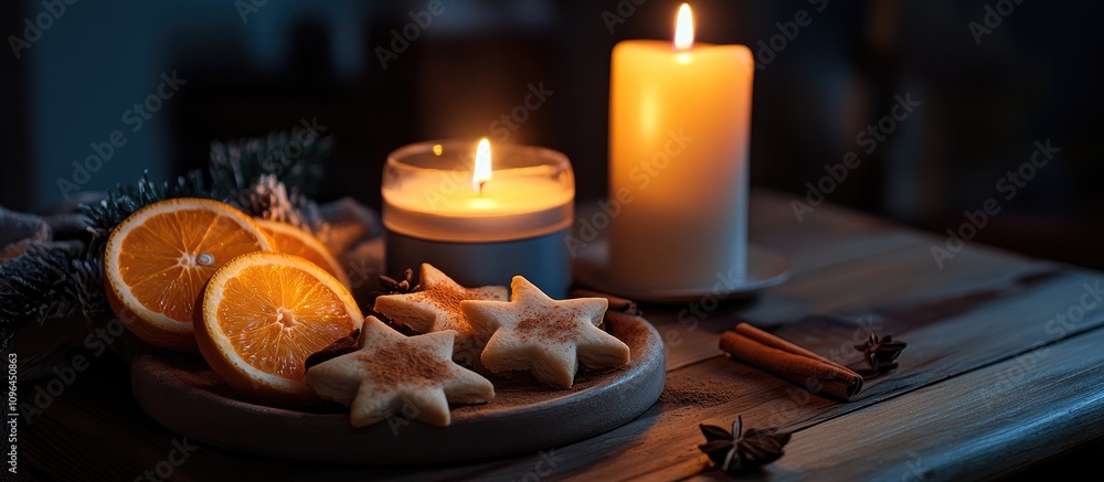 Aromatic holiday setting with star-shaped cookies, orange slices, cinnamon, and anise illuminated by warm candlelight on a rustic wooden table Aromatic holiday setting with star-shaped cookies, orange slices, cinnamon, and anise illuminated by warm candlelight on a rustic wooden table