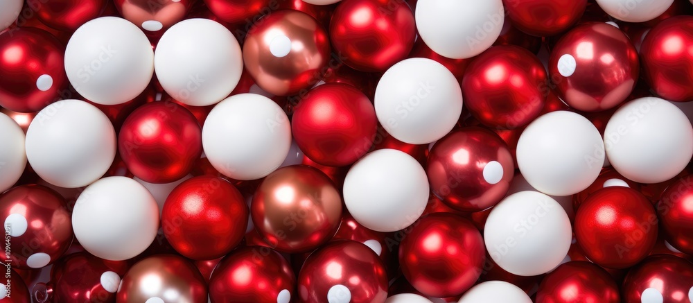 Red and white decorative balls arranged in a festive pattern for winter and New Year celebrations aerial view flat lay composition Red and white decorative balls arranged in a festive pattern for winter and New Year celebrations aerial view flat lay composition