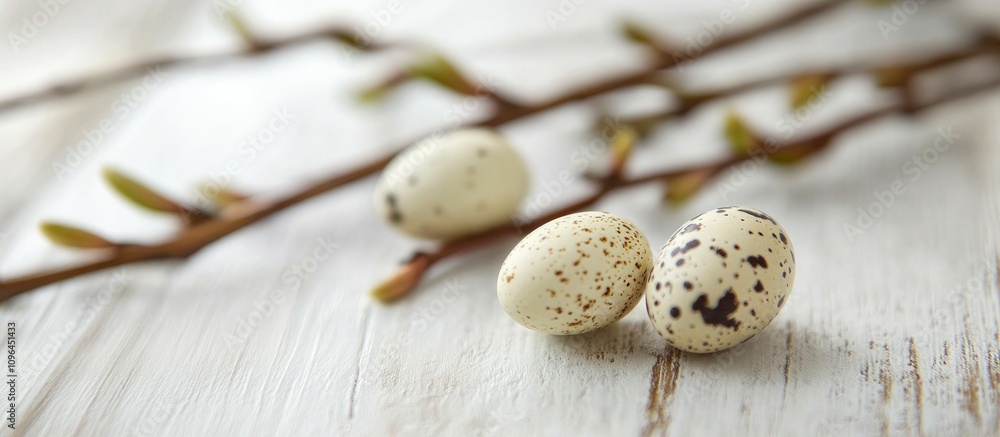 Easter still life with quail eggs and willow branches on rustic wooden background showcasing seasonal decor and natural beauty Easter still life with quail eggs and willow branches on rustic wooden background showcasing seasonal decor and natural beauty