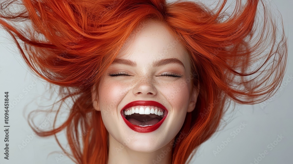 a woman with bright red hair and a big smile on her face, her hair blowing in the wind against a white background a woman with bright red hair and a big smile on her face, her hair blowing in the wind against a white background