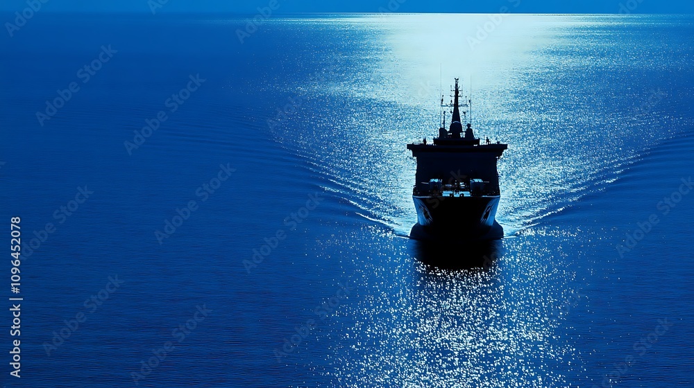Fototapeta premium A silhouette of a ship navigating through calm waters under a twilight sky.