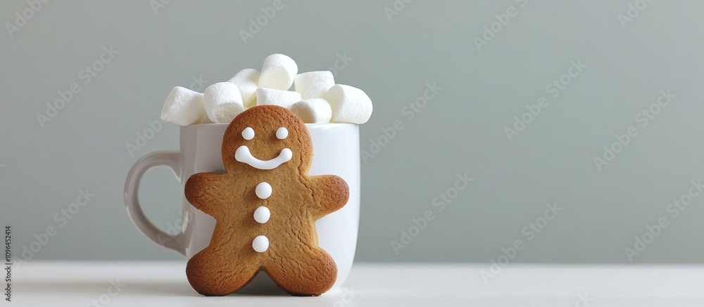 Gingerbread cookie beside mug of hot cocoa topped with marshmallows on a white table evoking a cozy Christmas atmosphere Gingerbread cookie beside mug of hot cocoa topped with marshmallows on a white table evoking a cozy Christmas atmosphere