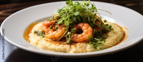 Southern shrimp and grits topped with spices and microgreens on a white plate classic brunch dish served in a diner setting