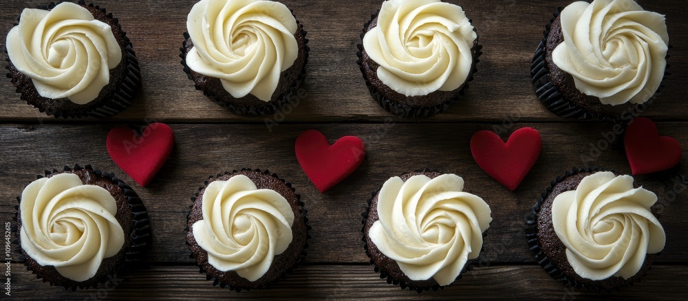 Chocolate cupcakes with elegant cream roses and red hearts on rustic dark wood background for romantic celebrations and events Chocolate cupcakes with elegant cream roses and red hearts on rustic dark wood background for romantic celebrations and events