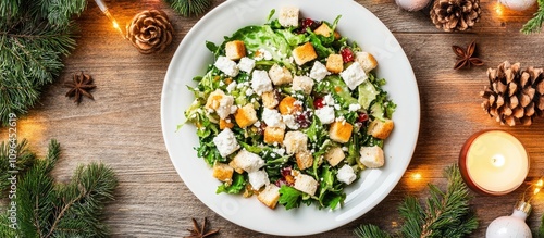 Festive Christmas Salad with Chinese Cabbage Feta Cheese Chicken and Croutons on Holiday Table Aerial View