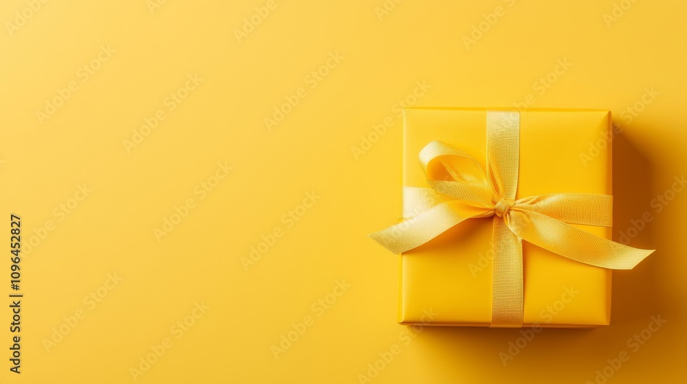 a yellow gift box with a gold ribbon tied around it, set against a bright yellow background a yellow gift box with a gold ribbon tied around it, set against a bright yellow background