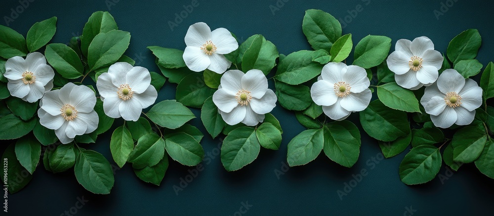 Fototapeta premium Elegant arrangement of white flowers and lush green leaves on a dark background creating a serene and refreshing atmosphere