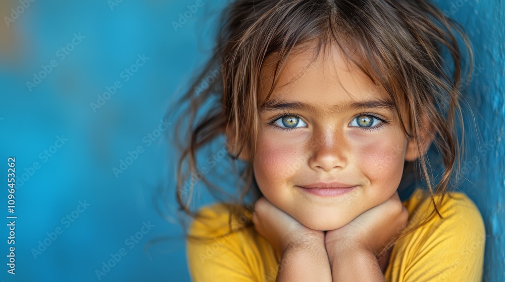 a little girl with blue eyes leaning against a blue wall, wearing a yellow t-shirt and smiling The background is slightly blurred, giving the image a dreamy feel a little girl with blue eyes leaning against a blue wall, wearing a yellow t-shirt and smiling The background is slightly blurred, giving the image a dreamy feel