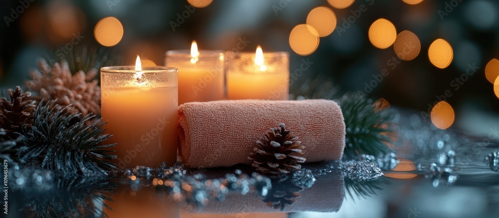 Spa decoration with candles towels and pine cones creating a serene holiday atmosphere for relaxation and tranquility. Spa decoration with candles towels and pine cones creating a serene holiday atmosphere for relaxation and tranquility.