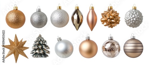 Festive holiday ornaments in gold, silver, and bronze arranged on a white background for Christmas decoration inspiration. photo