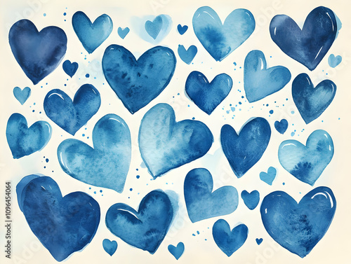 A collection of blue watercolor hearts on a light background, conveying love and affection.