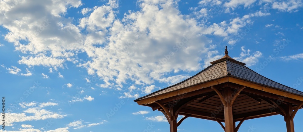 Wooden gazebo roof with intricate details set against a vibrant blue sky filled with fluffy white clouds. Wooden gazebo roof with intricate details set against a vibrant blue sky filled with fluffy white clouds.