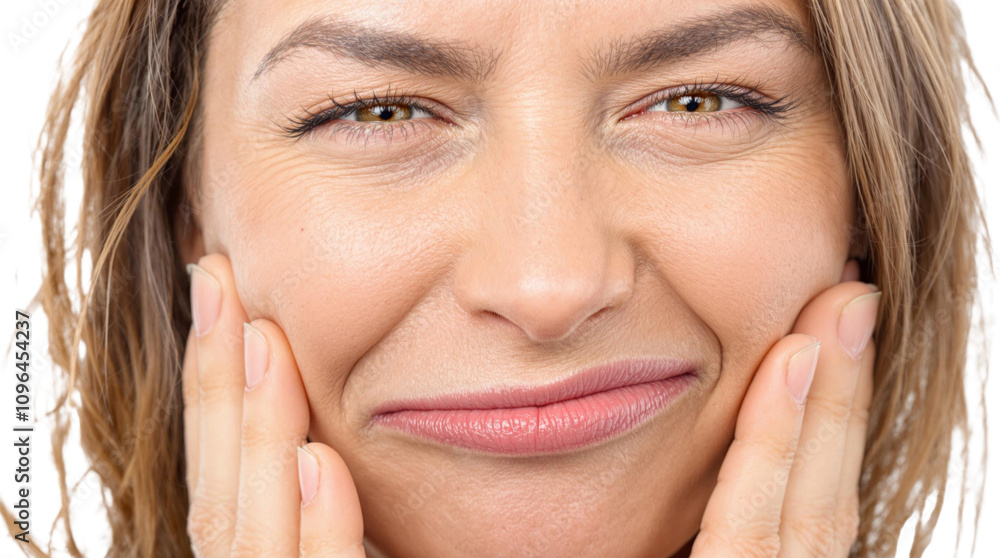 Woman smirking while touching her face
Woman smirking while touching her face