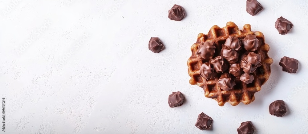 Christmas Belgian waffles topped with chocolate pieces on a white background showcasing a festive dessert in a trendy flat lay presentation Christmas Belgian waffles topped with chocolate pieces on a white background showcasing a festive dessert in a trendy flat lay presentation