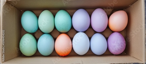 Colorful pastel Easter eggs arranged neatly in a cardboard box perfect for spring celebrations and holiday decorations.