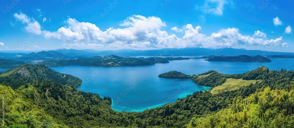 Stunning panoramic view of lush mountains and vibrant blue lake under a bright sky showcasing nature's beauty and serenity Stunning panoramic view of lush mountains and vibrant blue lake under a bright sky showcasing nature's beauty and serenity