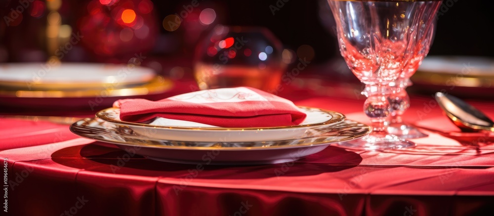 Elegant dining table arrangement with fine china and crystal glassware on a lavish red tablecloth for a festive occasion. Elegant dining table arrangement with fine china and crystal glassware on a lavish red tablecloth for a festive occasion.