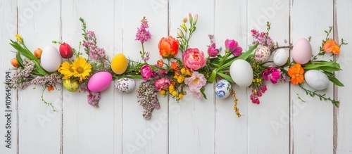 Easter floral arrangement with colorful eggs and spring flowers on white wooden surface for festive celebration decor photo