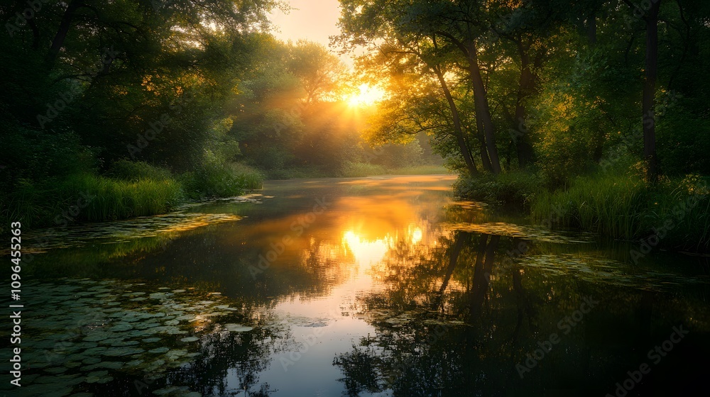 Obraz premium Serene sunrise over a tranquil river surrounded by lush greenery.