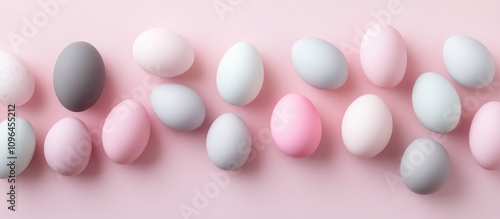 Pastel collection of pale pink and gray Easter eggs elegantly arranged on a soft pink background in a flat lay composition