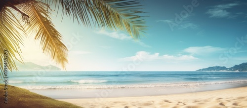 Tropical beach landscape with palm trees and serene ocean waves perfect for summer vacation and travel themes. photo