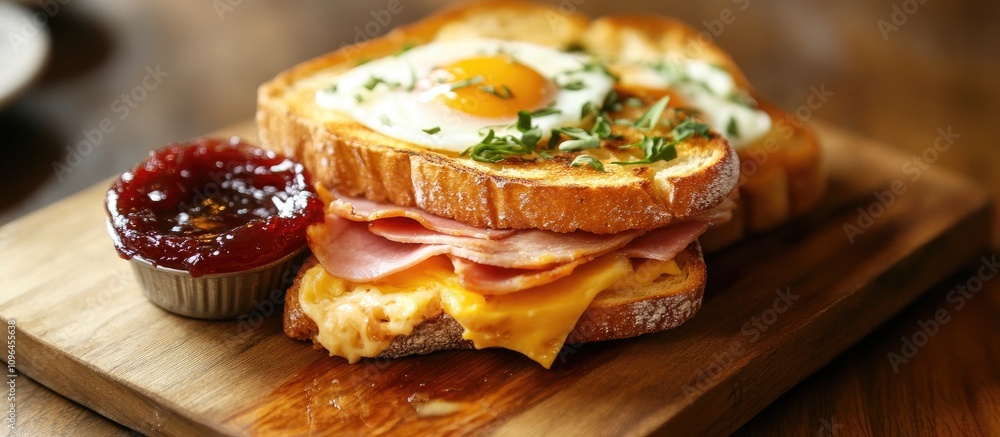 custom made wallpaper toronto digitalTraditional English breakfast with grilled toast, fried egg, ham, cheese, and a side of jam served on a wooden platter