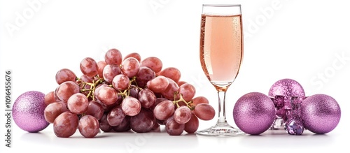 New Year Eve celebration with champagne glass, grapes, and festive decorations on a white background perfect for holiday joy and festivities. photo