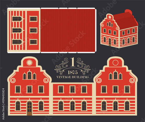 Old building in classic baroque style with red wall. Vector mockup for paper. Cute vintage toy house