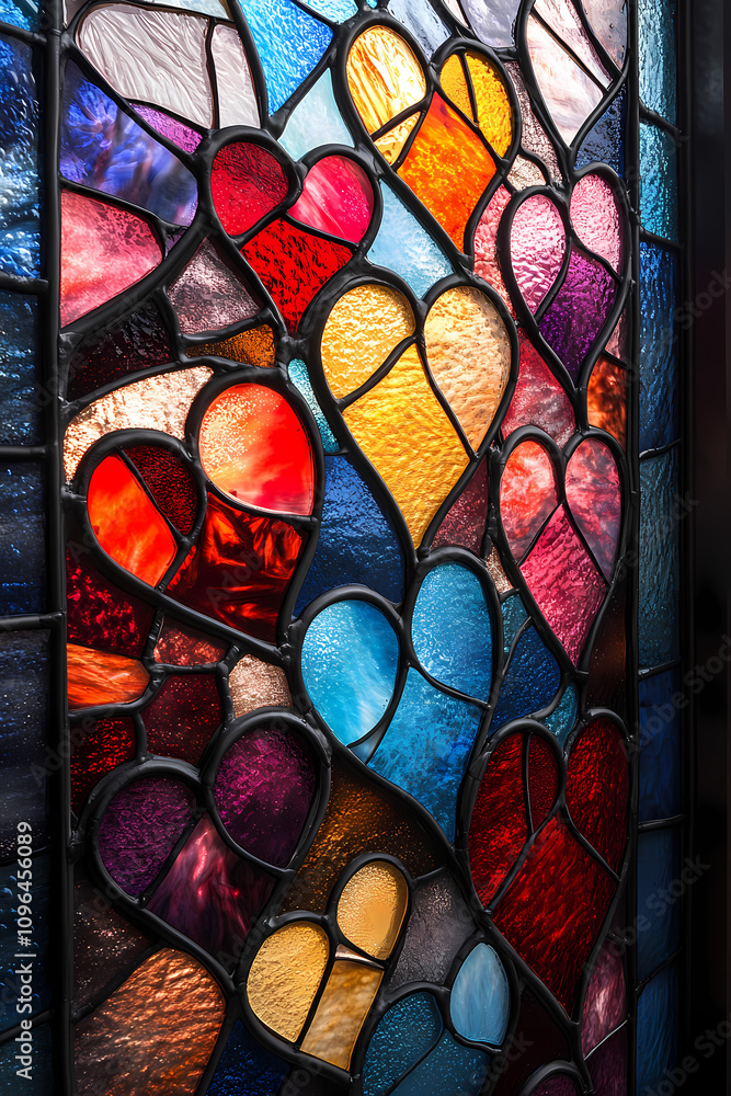 Create a stained glass piece that embodies compassion, unity, and strength. Hearts interconnected by vibrant colors such as deep red, soft pink, and bold purple. Create a stained glass piece that embodies compassion, unity, and strength. Hearts interconnected by vibrant colors such as deep red, soft pink, and bold purple.