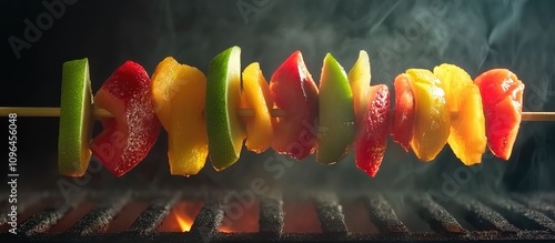 Vibrant vegetable kebabs grilling on a barbecue surrounded by smoke showcasing healthy outdoor cooking and summer dining ideas photo