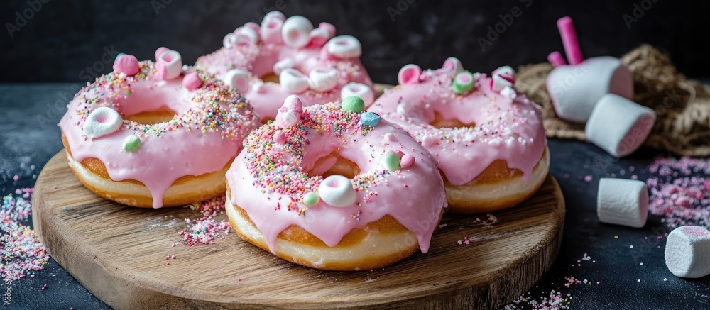Pink glazed doughnuts with marshmallow toppings and colorful sprinkles on a wooden cutting board with a dark concrete background Pink glazed doughnuts with marshmallow toppings and colorful sprinkles on a wooden cutting board with a dark concrete background