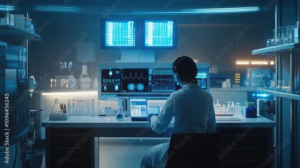 AI-powered medical system analyzing health data in a futuristic lab environment Dynamic representation of artificial intelligence improving healthcare systems AI-powered medical system analyzing health data in a futuristic lab environment Dynamic representation of artificial intelligence improving healthcare systems