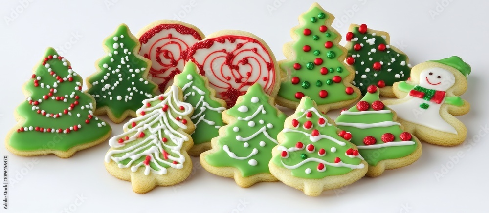 Obraz premium Festive Christmas cookies with colorful decorations featuring trees, snowmen and peppermint designs on a white background