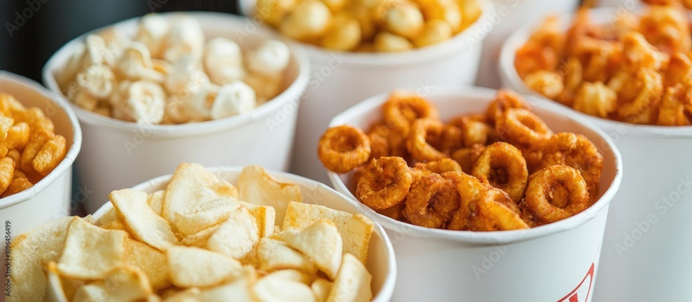Variety of crunchy snacks in paper cups arranged in a close-up macro photography display Variety of crunchy snacks in paper cups arranged in a close-up macro photography display