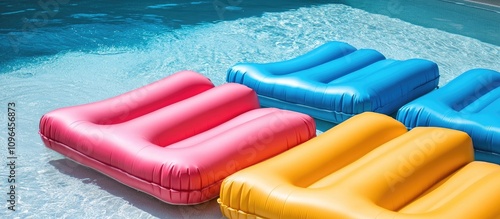 Vibrant inflatable mattresses floating in a sunny pool, perfect for summer relaxation and leisure activities. photo