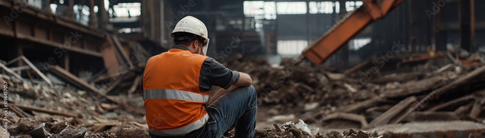 A construction worker in a hard hat sits amidst debris, reflecting on the challenges of a building site, highlighting the theme of labor and perseverance. A construction worker in a hard hat sits amidst debris, reflecting on the challenges of a building site, highlighting the theme of labor and perseverance.