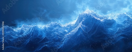 Dramatic snow capped mountain range under stormy blue sky. Digital illustration of majestic peaks with ethereal lighting and starry elements creates epic winter landscape. 8k