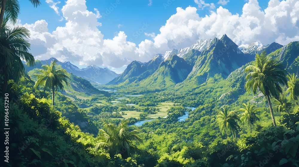Obraz premium Vibrant tropical landscape with lush greenery and majestic mountains under a clear blue sky.