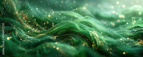 Ethereal emerald green abstract gossamer mesh fabric waves with golden bokeh sparkles. Luxurious flowing undulating wavy background texture with magical glitter effect. 8k panoramic banner photo