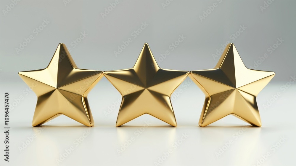 Fototapeta premium Three golden 3D stars aligned horizontally on light studio background. Professional rating or review concept featuring metallic gold star awards symbolizing excellence and achievement.