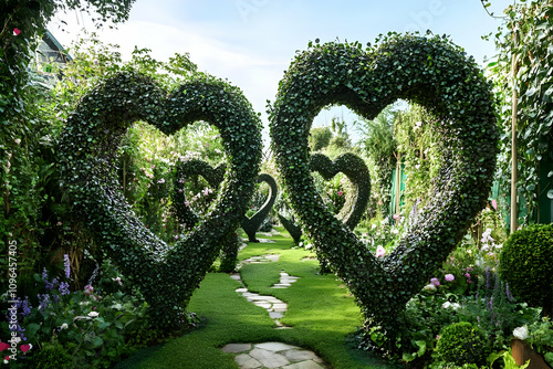A lush garden pathway featuring heart-shaped hedges surrounded by vibrant flowers.