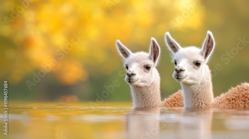  two llamas standing in the water with their heads above the water, their white and brown fur contrasting against the blurred background photo