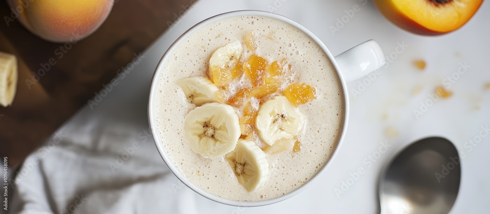 Delicious banana milk topped with peach marmalade and fresh banana slices in a white mug on a rustic table setting Delicious banana milk topped with peach marmalade and fresh banana slices in a white mug on a rustic table setting