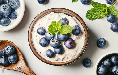 a bowl of creamy yogurt with blueberries and mint leaves.