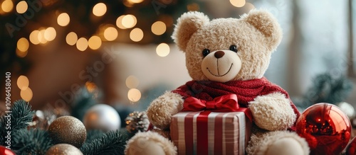 Wallpaper Mural Teddy bear holding a gift surrounded by festive decorations and warm ambient lights for Christmas or holiday celebrations Torontodigital.ca