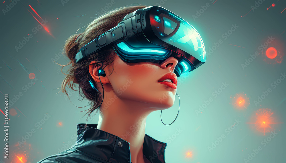 Colorful image of a woman in a virtual reality headset, VR glasses, the concept of modern technologies and innovations Colorful image of a woman in a virtual reality headset, VR glasses, the concept of modern technologies and innovations