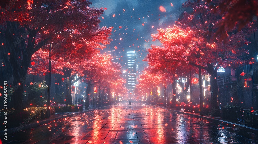 A romantic scene under cherry blossoms in vibrant red hues during a rainy night. A romantic scene under cherry blossoms in vibrant red hues during a rainy night.